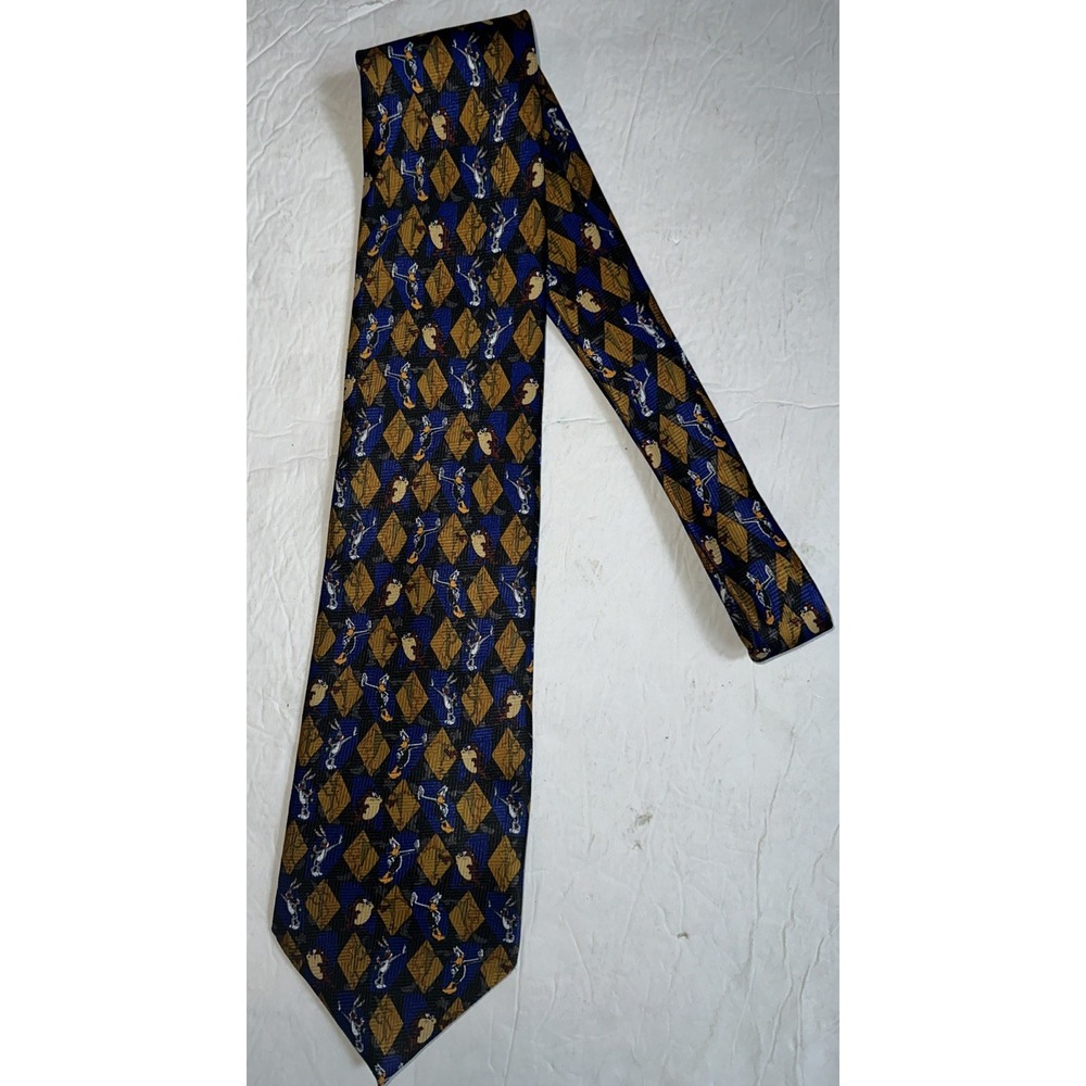 VTG Looney Tunes Mania Neck Tie 1999 Blue Bugs Bunny Daffy Duck Tazmanian Devil